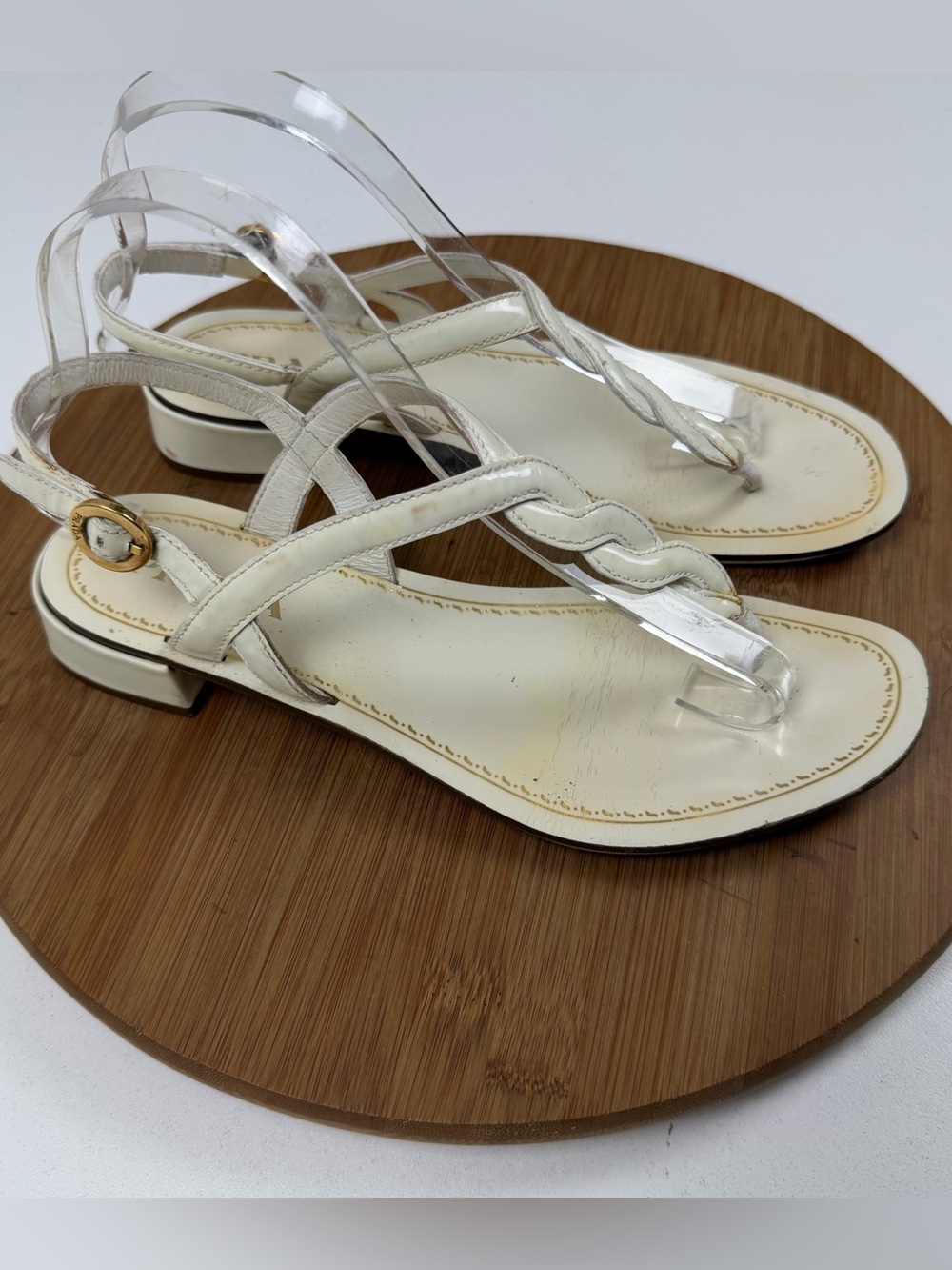 Prada Cream Leather Toe-Loop Slingback Sandals
